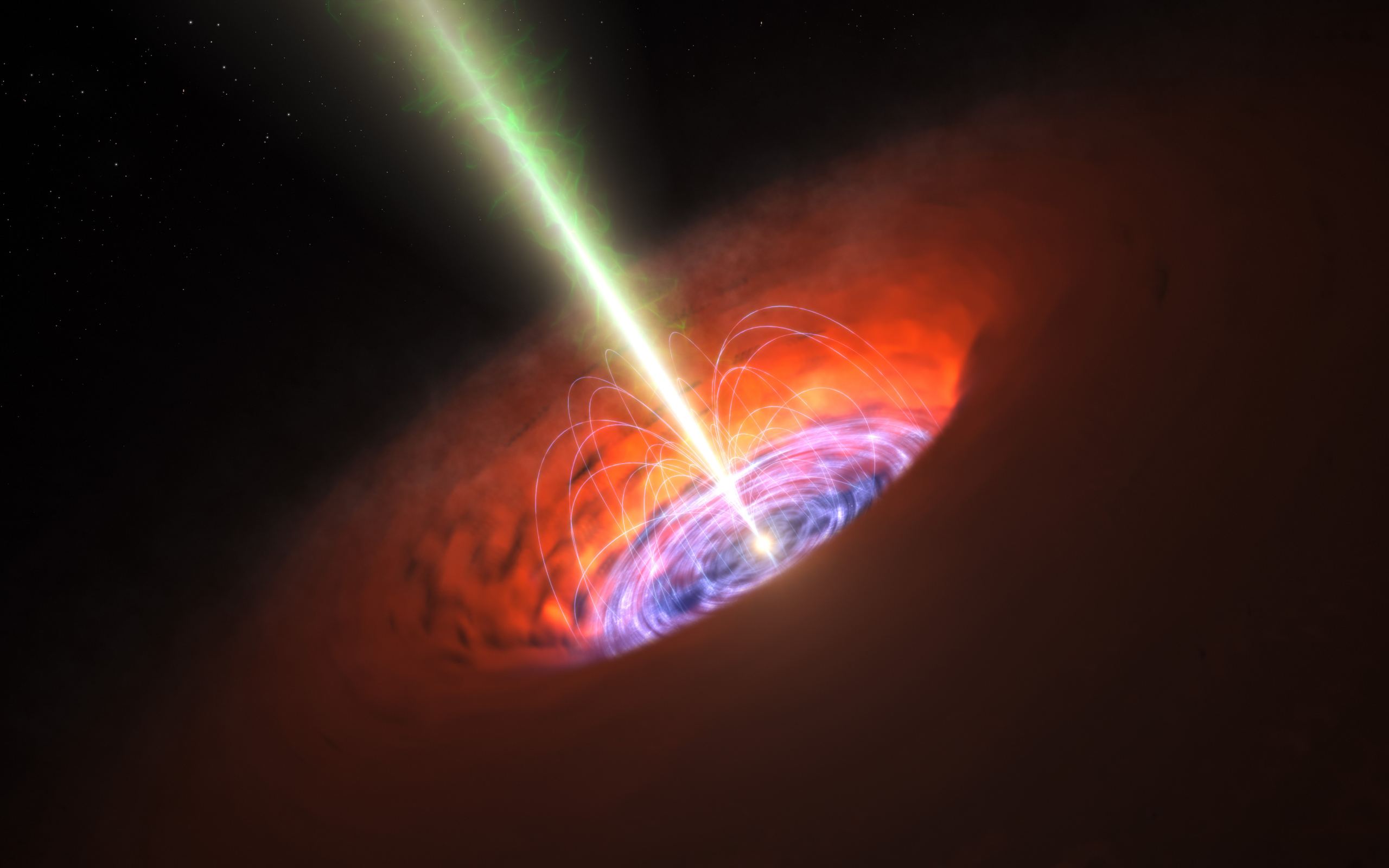 A black hole fires a stream of matter at its neighboring galaxy