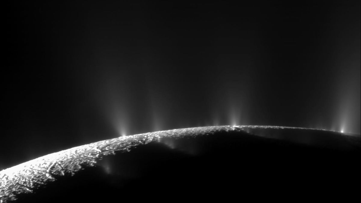 icy moon with small geysers shooting out