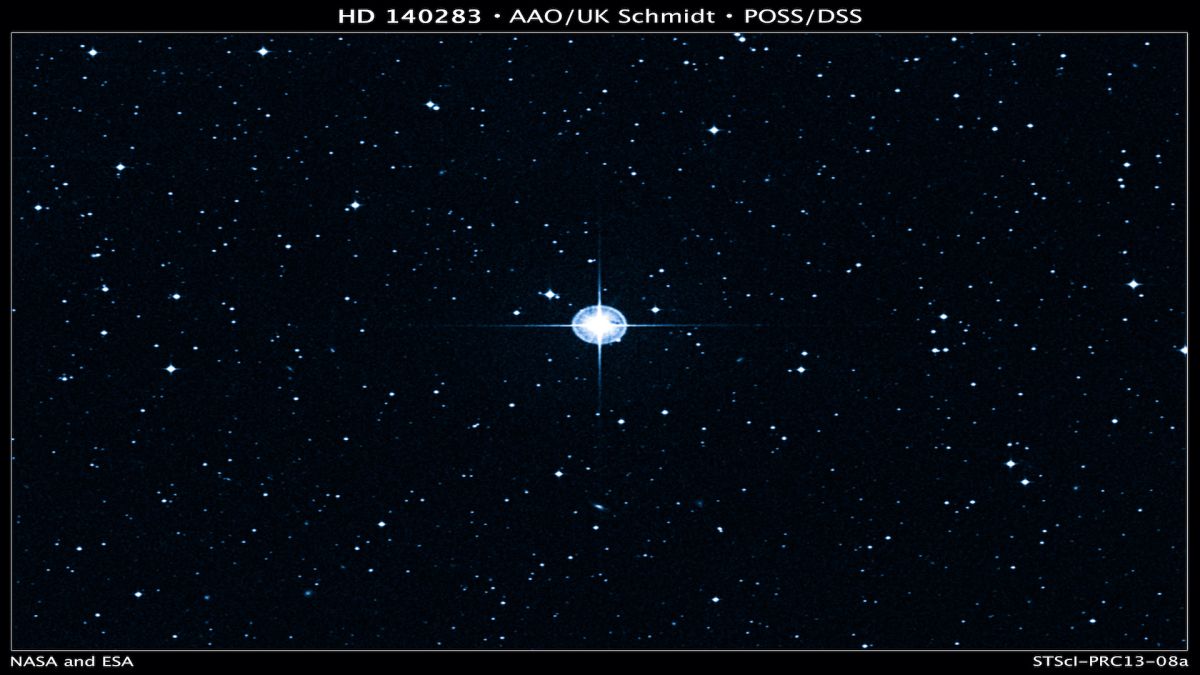 The oldest-known star, officially called HD 140283 but nicknamed Methuselah, lies 190.1 light-years away. The Anglo-Australian Observatory (AAO) UK Schmidt telescope photographed the star in blue light for the Digitized Sky Survey.
